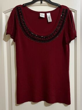 Emma James Dark Red Wine Scoop Neck Top with Black Beaded Trim Small GORGEOUS